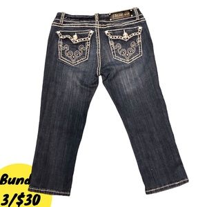LA Idol USA Low Rise Blue Denim Jeans Capris Embroidery Rhinestone Pockets
